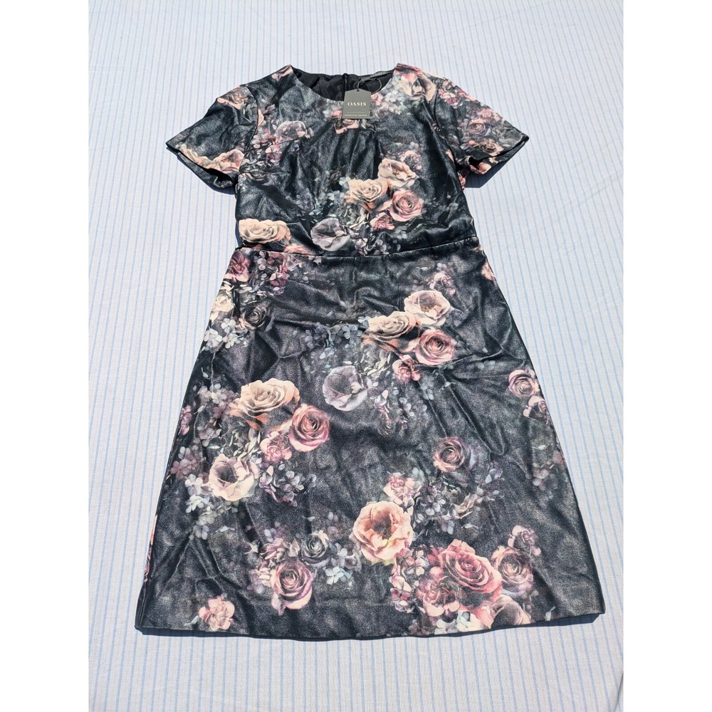 Oasis Black Faux Leather Floral Dress Women's Size 8‎ BNWT Party Cocktail